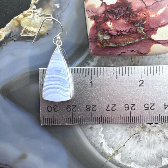 Sterling Silver Southwestern Style Triangle Blue Lace Agate Dangle Earrings - Picture 9 of 10